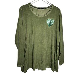 Ulla Popken size 20 22 Cold dyed sequined heart long sleeve tee sage green